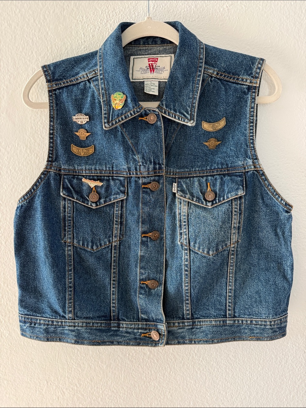 Vintage Levis Jeans for Women Denim Trucker Vest Large with Harley Davidson Pins